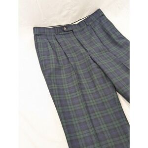 VTG Corbin Natural Shoulder Trousers 36x28 Blue Green Plaid Heavy‎ Wool Flannel